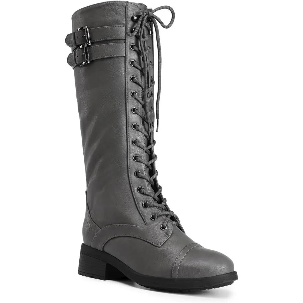 Women's Polyurethane Pu Georgia Grey Double buckle Knee High Riding Combat Boot
